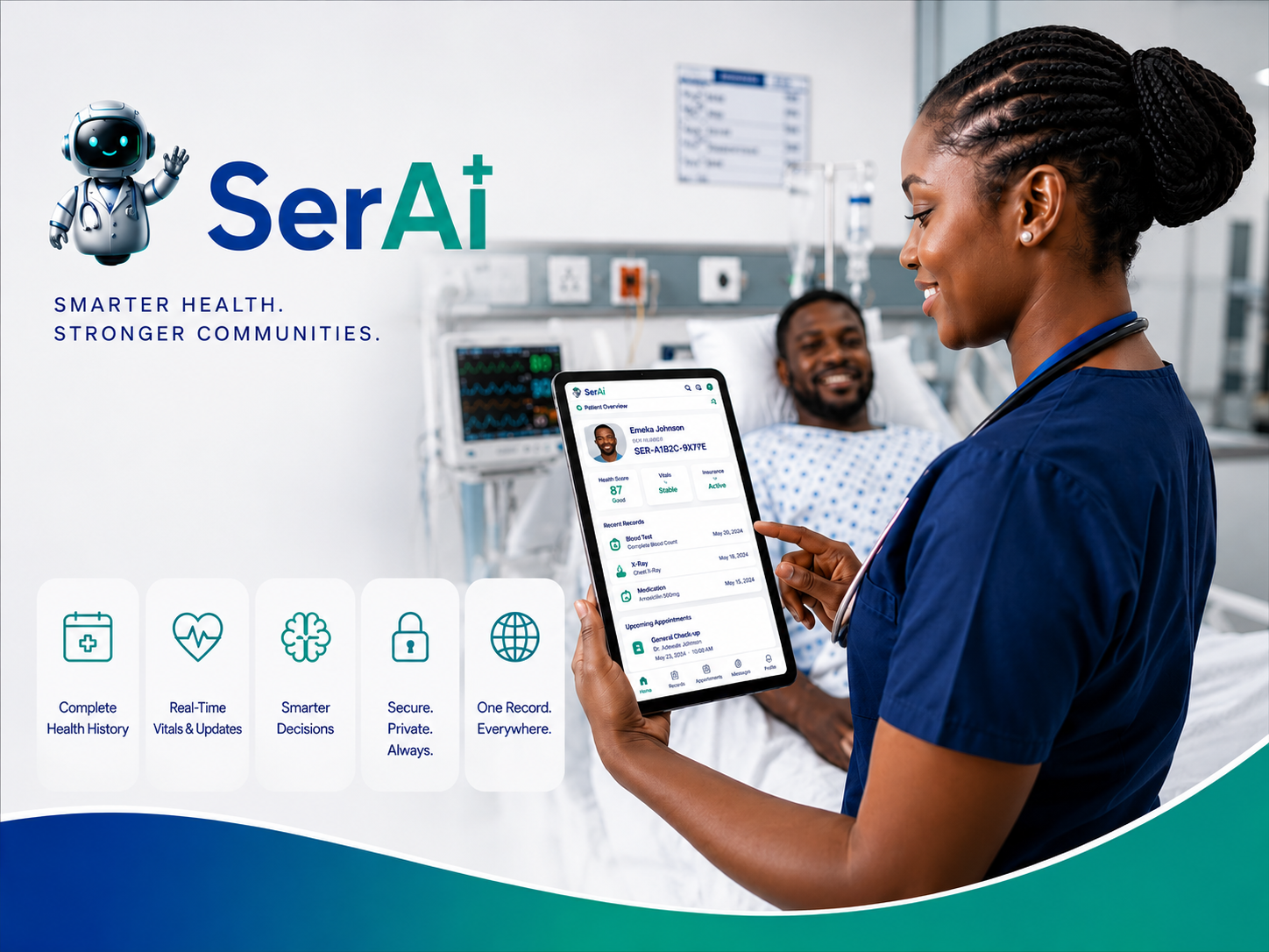 SerAI in action: a nurse using the SerAI patient record on a tablet at the bedside — smarter health, stronger communities