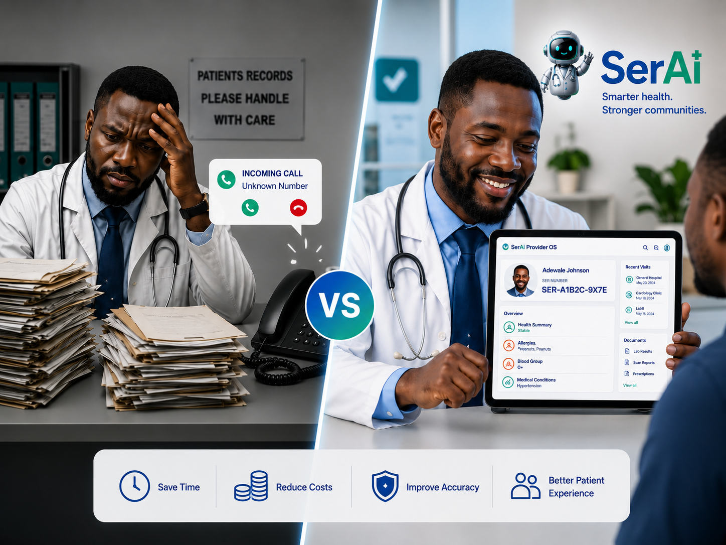 Before and after: paperwork chaos vs. SerAI Provider OS — save time, reduce costs, improve accuracy, better patient experience